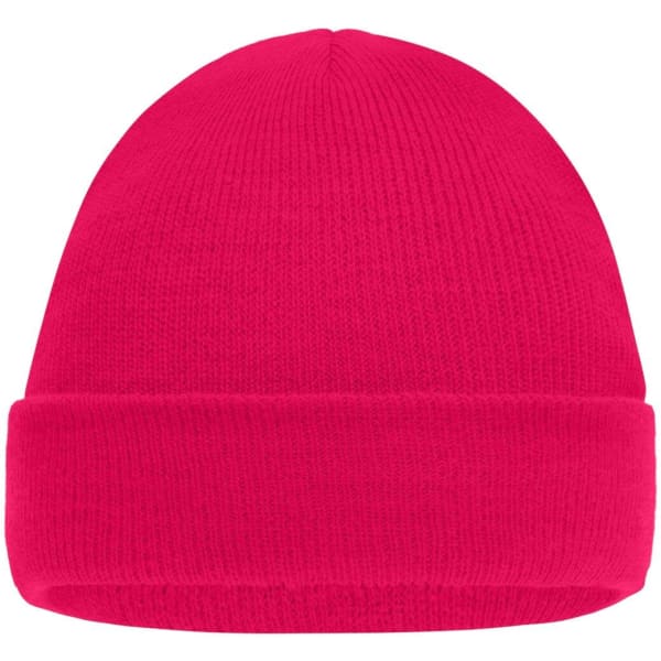 A bright pink knitted beanie featuring a folded brim and a simple design, with a logo present.