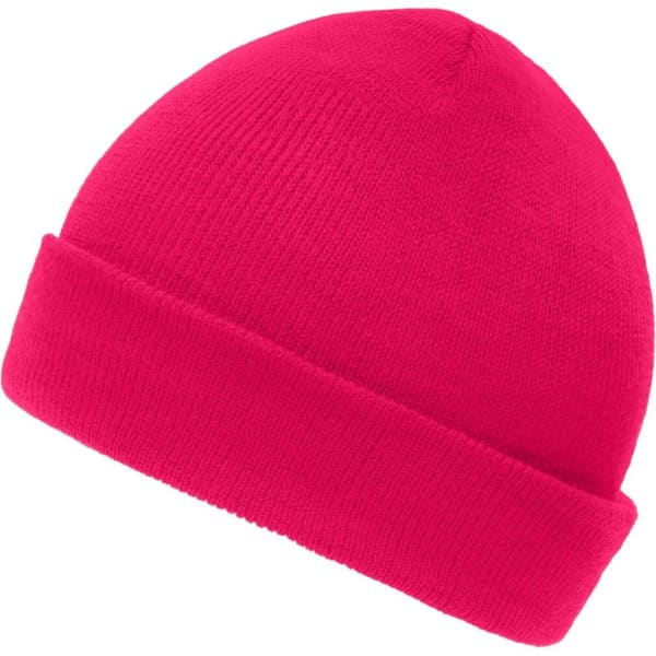 A bright pink knitted beanie with a folded brim and smooth texture. The beanie features a logo on it.