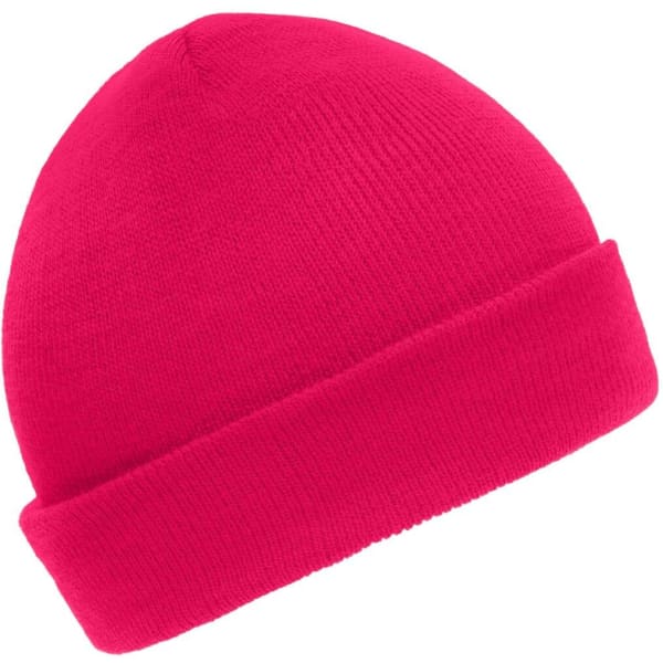 A bright pink knitted beanie with a folded cuff and a smooth texture. It features a logo on the side.