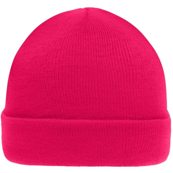 A pink knitted beanie with a rolled cuff, featuring a logo or branding on it.