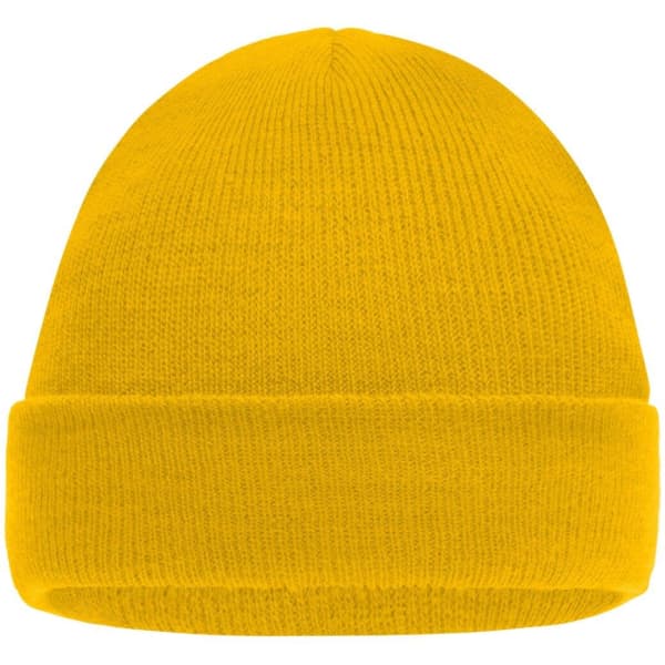 A yellow knitted beanie with a folded cuff. The item features a simple design and is part of headwear.