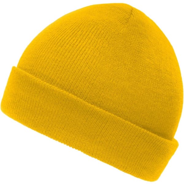 A bright yellow knitted beanie with a folded, ribbed cuff. Features a logo on the side.