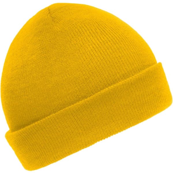 A bright yellow knitted beanie with a folded cuff and a smooth texture, featuring a logo.