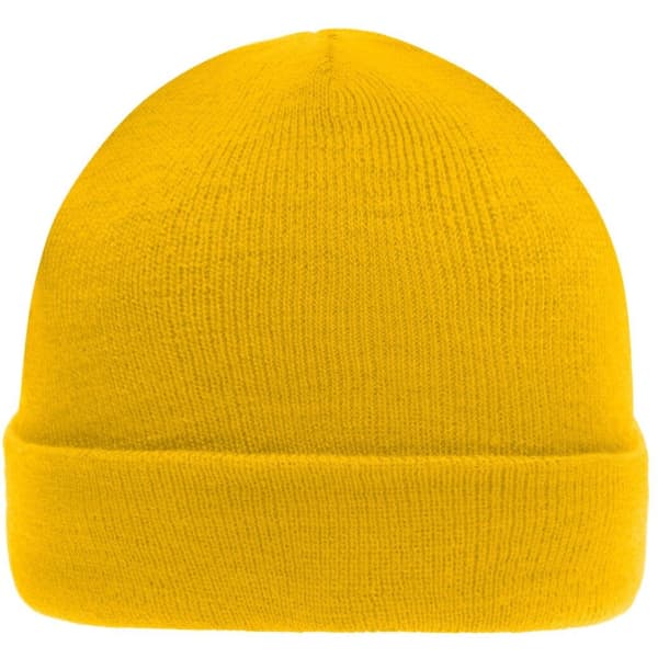 A bright yellow knitted beanie with a folded cuff and a smooth texture. It features a branding logo.