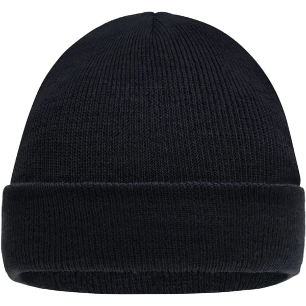 A black knitted beanie featuring a folded cuff and a simple design, with a logo on the side.
