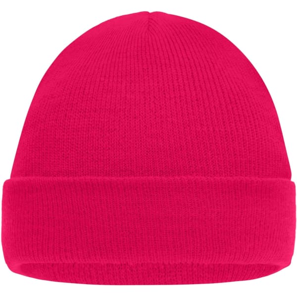 A pink knitted beanie with a rolled cuff, featuring a simple and smooth design. Includes a logo.