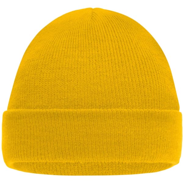 A yellow knitted beanie with a folded cuff, featuring a simple design and a logo.