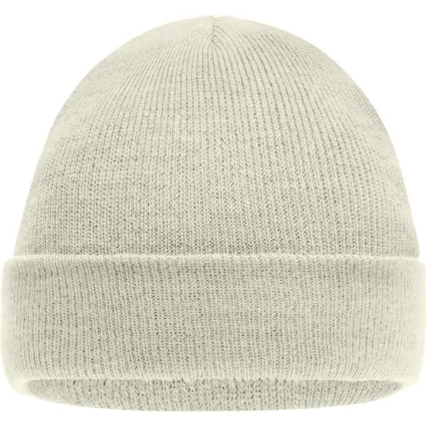 A light grey knitted beanie with a rolled cuff and a textured finish. It features a small logo.
