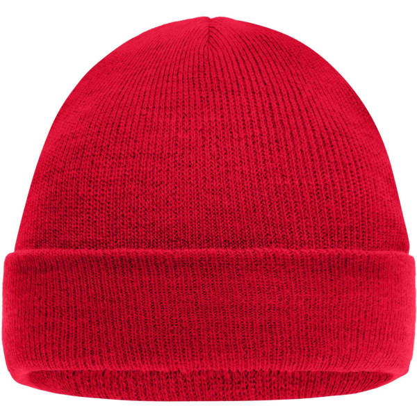 A red knitted beanie with a folded cuff and textured fabric. It features a logo on the side.