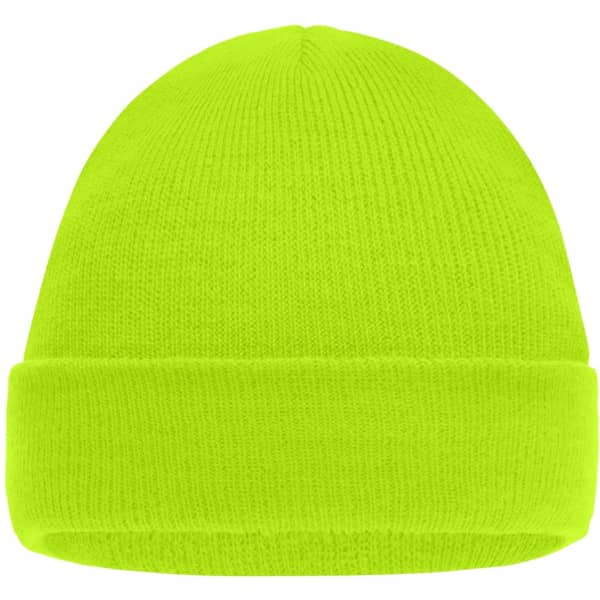 A kids knitted beanie in bright high-visibility yellow with a rolled cuff. It features a logo on the side.