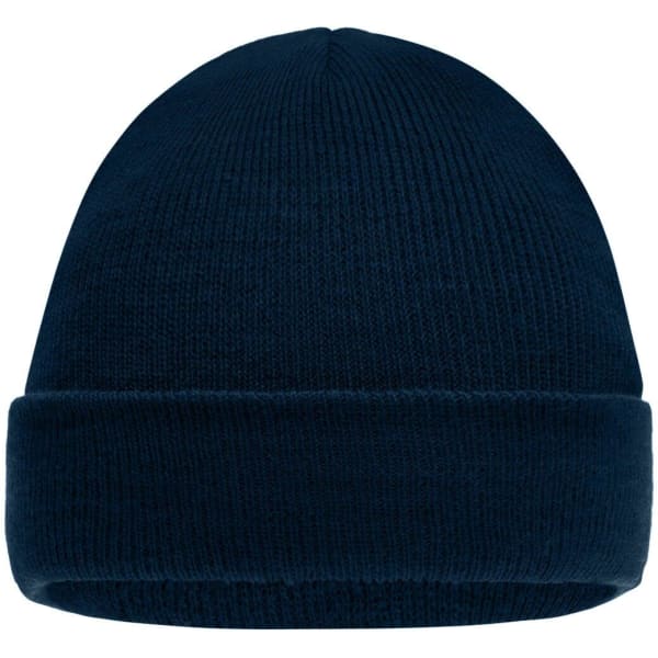 A navy blue knitted beanie with a folded cuff, featuring a logo at the front.