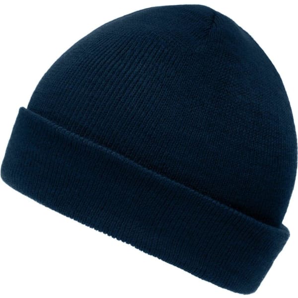 A navy blue knitted beanie with a rolled cuff, featuring a small logo.