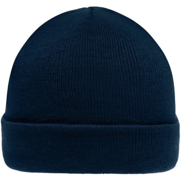 A navy blue knitted beanie with a folded cuff and a smooth texture, featuring a logo on the side.