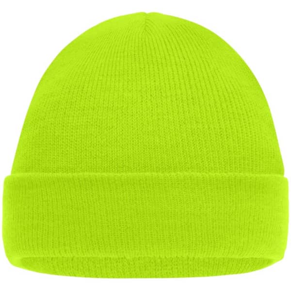 A bright neon yellow knitted beanie with a folded cuff. The beanie features a logo.