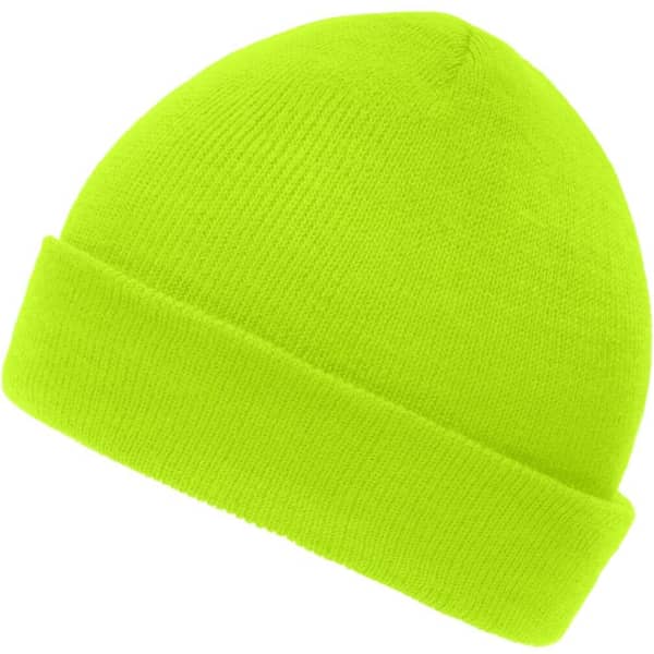 A bright neon yellow knitted beanie with a folded cuff and a simple design. It features a logo on the side.