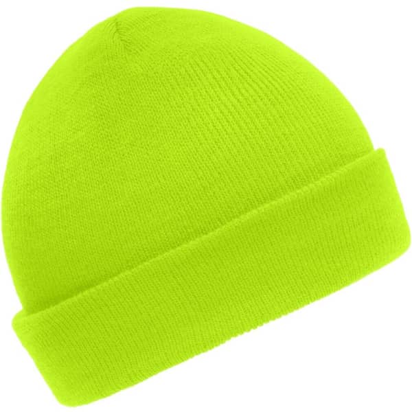 A bright yellow knitted beanie with a folded cuff and a smooth texture. It features a branding logo.
