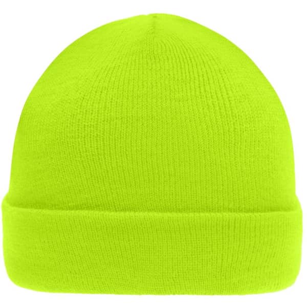 A bright yellow knitted beanie with a folded cuff and a smooth texture. It features a logo on the front.