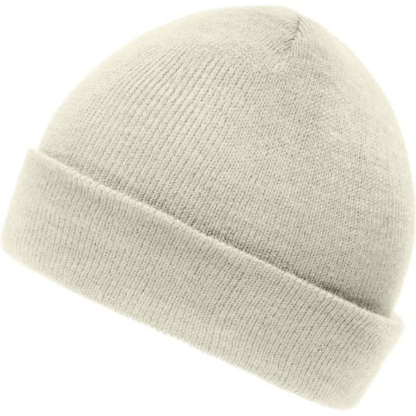 A light grey knitted beanie with a folded brim and a smooth texture, featuring a logo on one side.