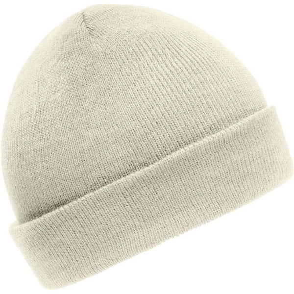 A light grey knitted beanie featuring a rolled cuff and a simple design. It has a branding logo.