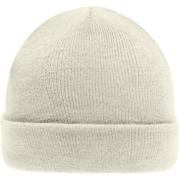 A cream-coloured knitted beanie with a folded cuff and a simple design. It features a logo on the side.