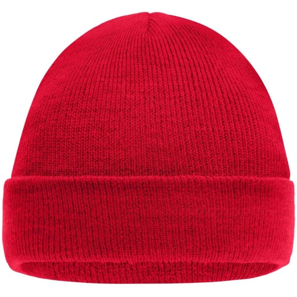 A red knitted beanie with a folded cuff. The fabric appears soft and warm, suitable for kids.