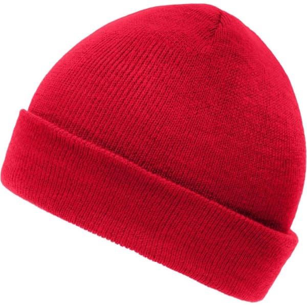 A bright red knitted beanie with a fold-up cuff and a smooth texture. It features a small logo.