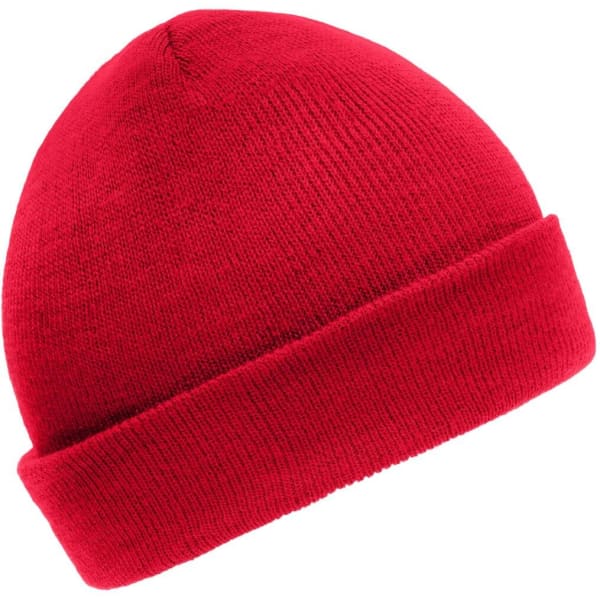 A red knitted beanie featuring a foldable cuff, designed for kids. Includes a small logo.