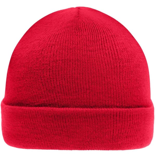A red knitted beanie with a folded cuff, featuring a simple design and a logo.