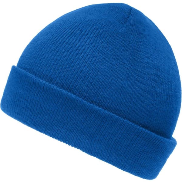 A blue knitted beanie with a folded brim and a smooth texture, featuring a small logo.