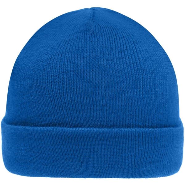 A blue knitted beanie with a folded cuff, featuring a logo on the side.
