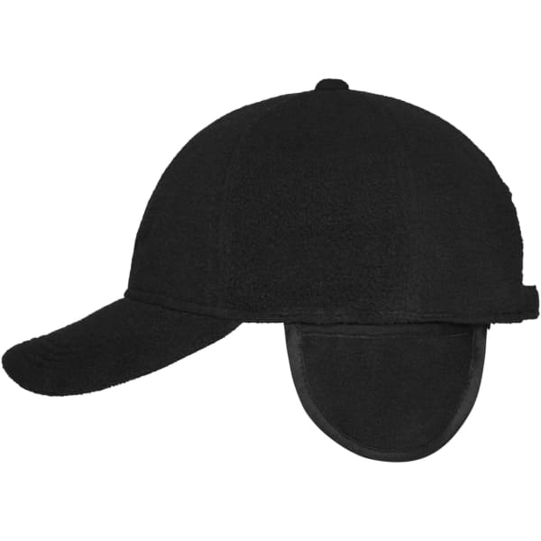 A black fleece cap with earflaps, featuring a curved brim and a subtle logo.