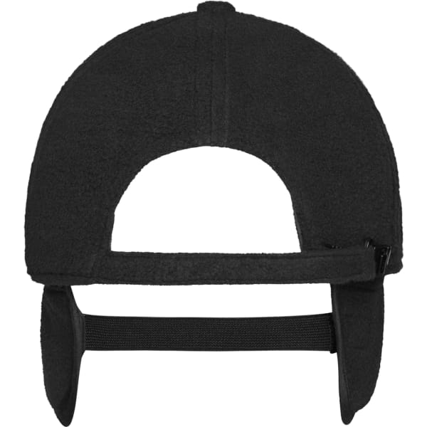 A black fleece cap with earflaps and a strap at the back. It has a logo on the side.