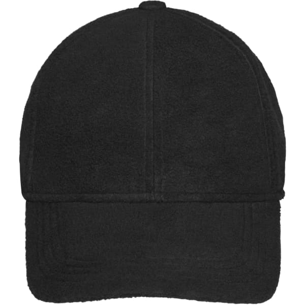 A black fleece cap featuring earflaps and a structured six-panel design, with a logo on the front.