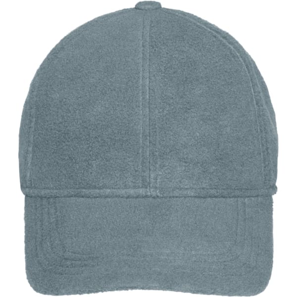 A grey fleece cap with earflaps and a brand logo on the front.