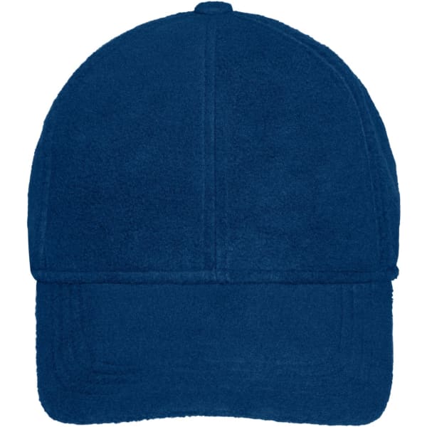 A navy blue 6 panel fleece cap with earflaps and a logo.
