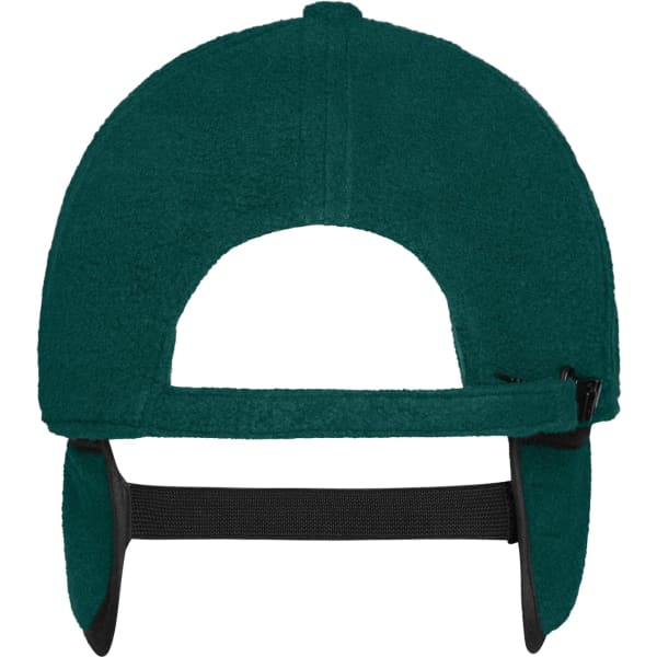 A teal 6-panel fleece cap with earflaps and an adjustable strap at the back. It features a logo on the side.