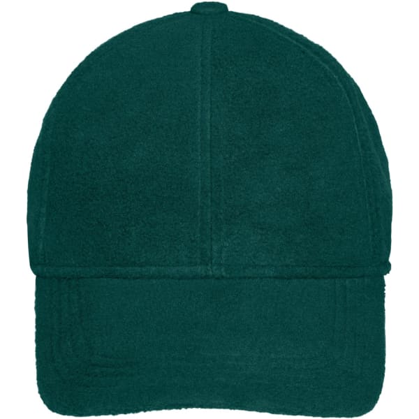 A dark green fleece cap with earflaps and a logo on the front.