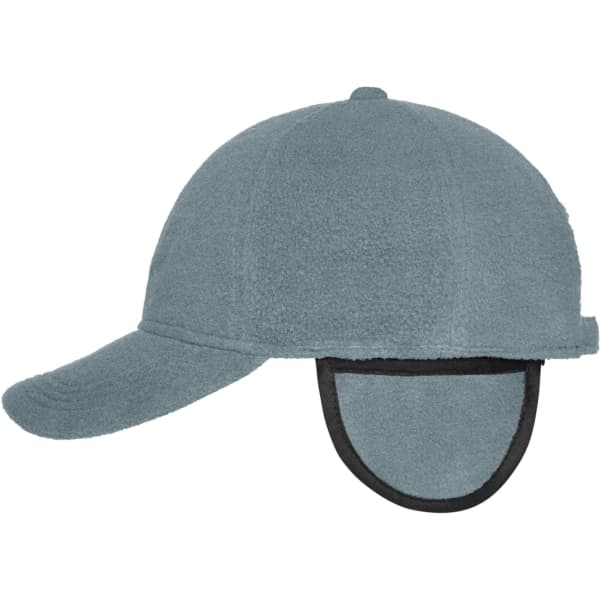 A grey fleece cap with a visor and earflaps, featuring a logo on the side.