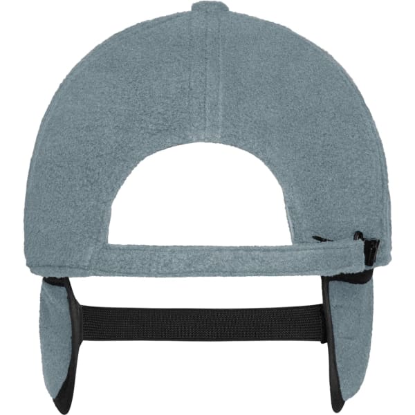 A grey 6 panel fleece cap with earflaps, featuring an adjustable strap and a logo on the back.