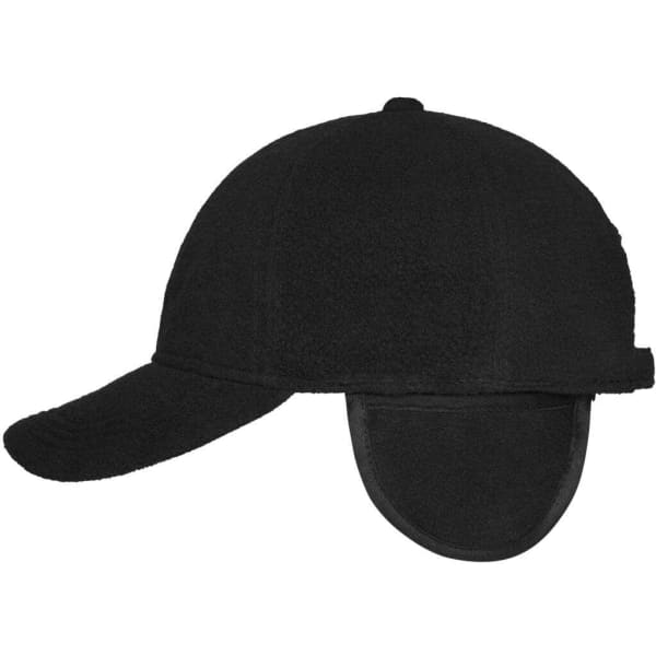 A black 6 panel fleece cap with earflaps and a logo on the side.