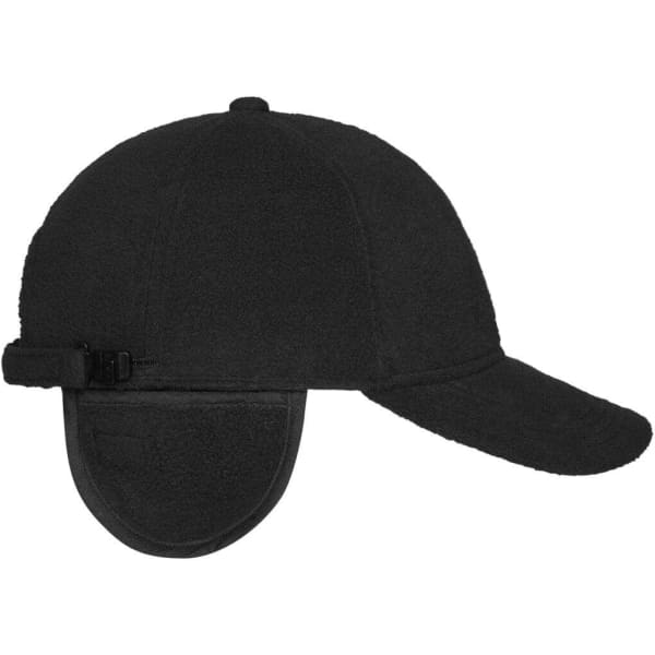 A black 6-panel fleece cap with earflaps and an adjustable strap at the back. It has a logo on the side.