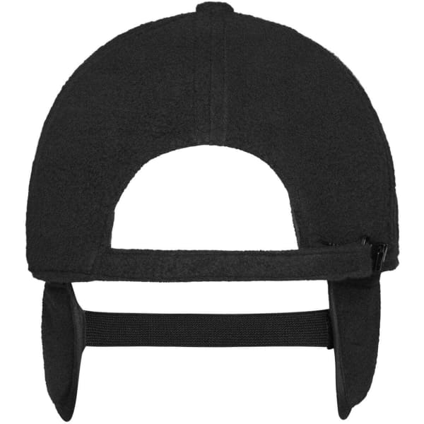 A black 6 panel fleece cap with earflaps and an adjustable strap at the back. It features a logo.