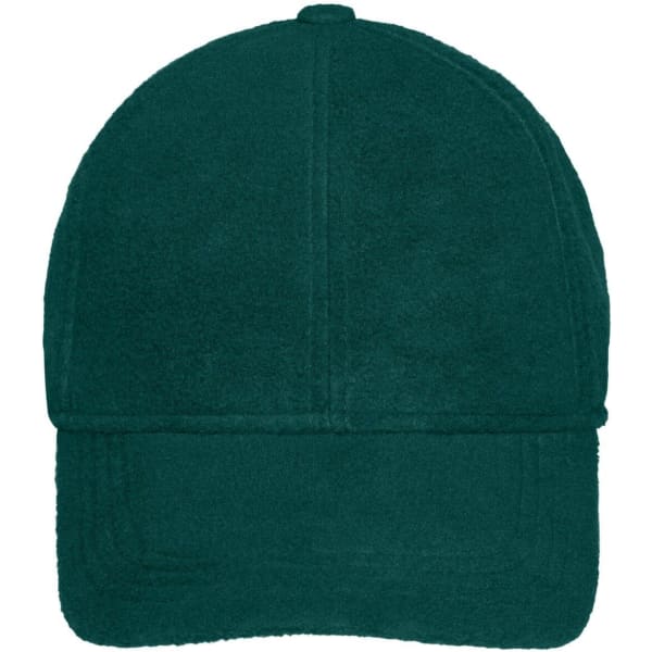 A dark green fleece cap with earflaps and a stitched design, featuring a logo.
