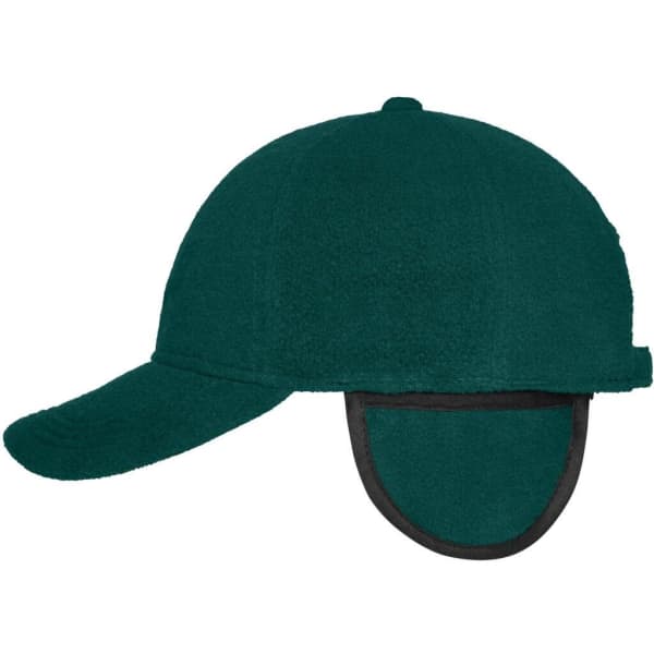 A green fleece cap with earflaps and a curved brim. Features a logo on the side.