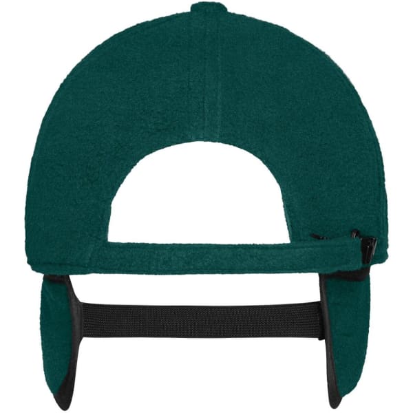 A green 6-panel fleece cap with earflaps and an adjustable strap, featuring a logo on the side.
