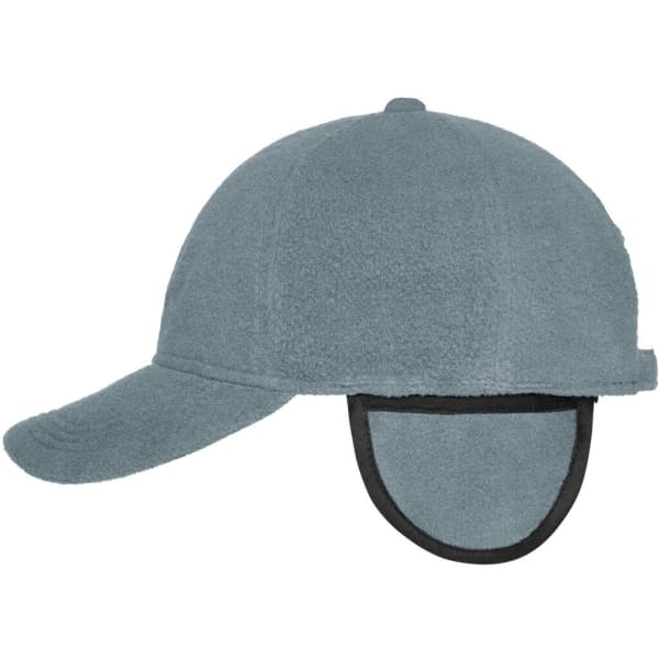 A grey fleece cap with earflaps and a curved brim. It features a logo on the side.