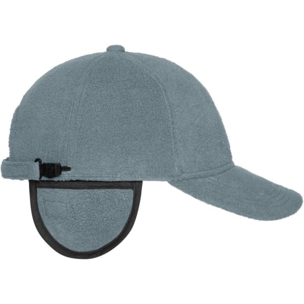 A grey fleece cap with earflaps and an adjustable strap, featuring a logo on the side.
