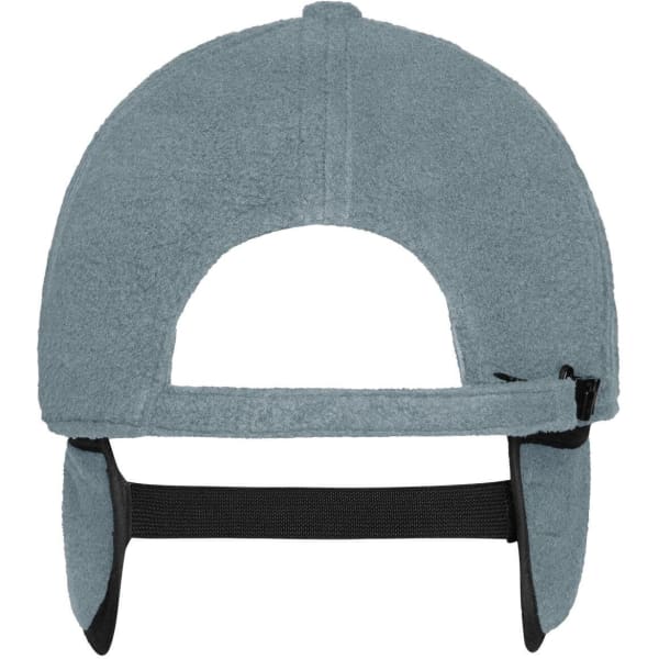 A grey 6 panel fleece cap with earflaps and an adjustable strap at the back. It features a logo.