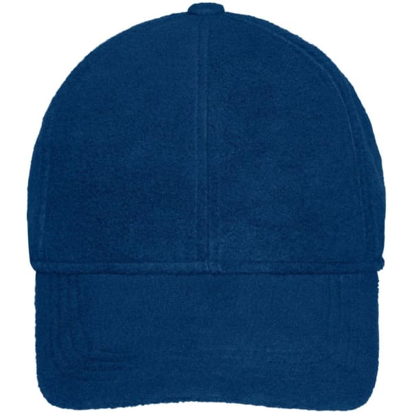 A navy blue 6 panel fleece cap with earflaps. Features a soft texture and includes a logo.