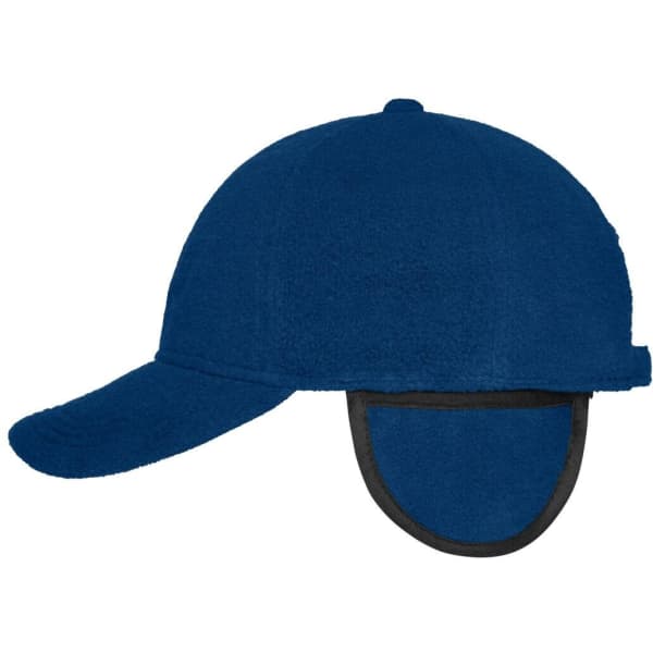 A blue fleece cap with ear flaps and a curved brim, featuring a logo on the side.